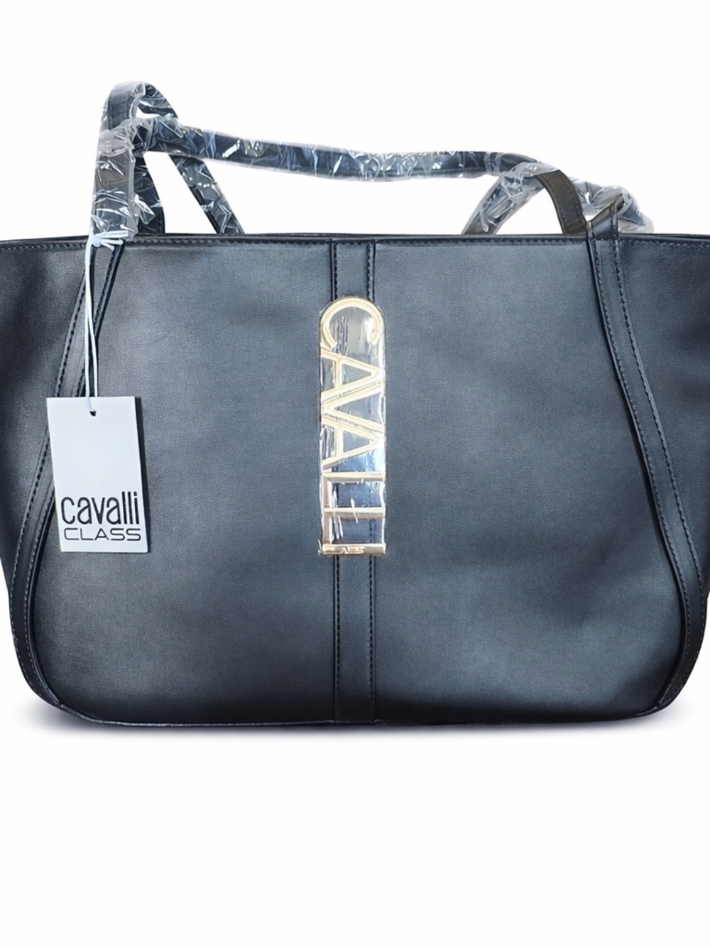 NWT Cavalli Class Big Black Sandra Shopper Tote With Gold Hardware